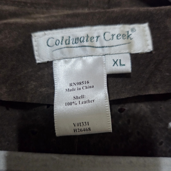 Coldwater Creek XL Brown Punched Leather Jacket With Flared Cuffs Ruffled Collar - Picture 3 of 10